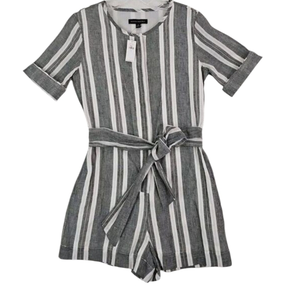 Banana Republic ~Size 0~ Gray/White Striped Romper Waist Drawstring Linen Blend - Picture 6 of 10